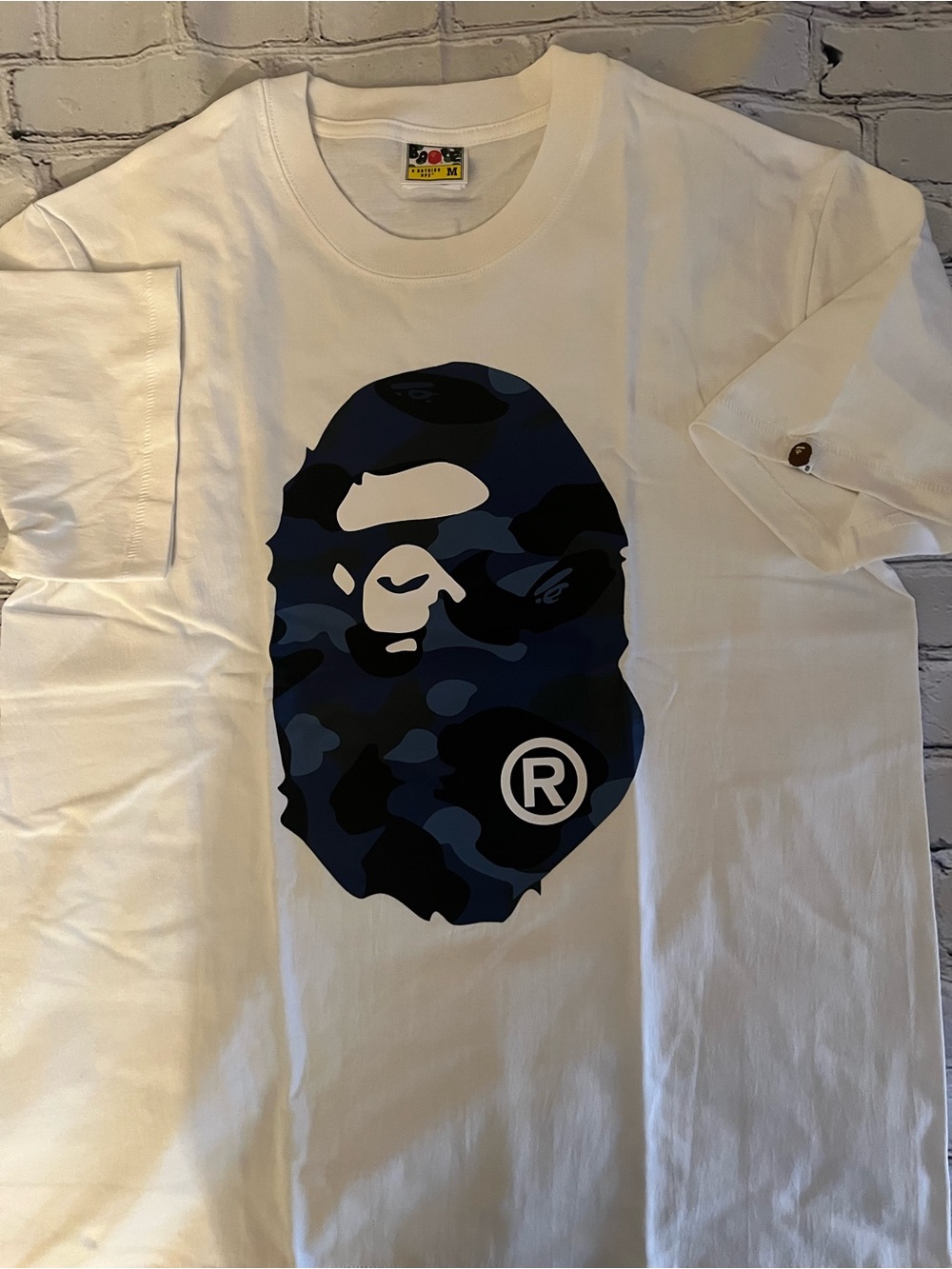 Bape Men's White Short Sleeve Tee with Blue Camo Ape Logo